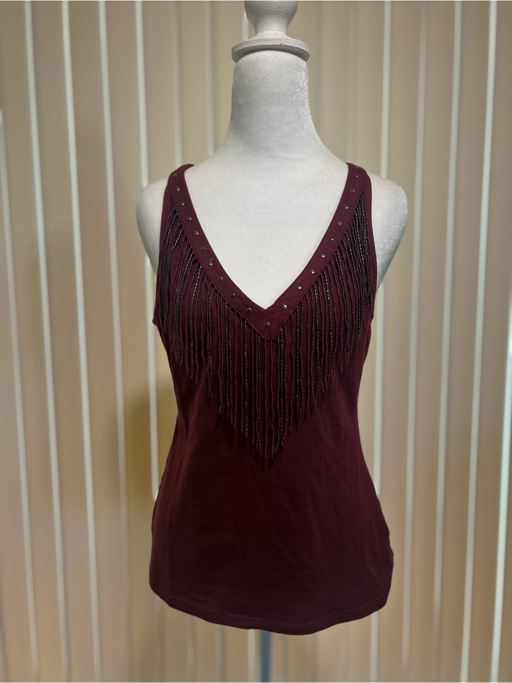 Idyllwind Maroon Fringe V-Neck Tank with Stud Accents